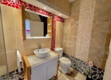 Bathroom with WC, washbasins and shower of the winegrower's gîte le Syrah in the Château Borie Neuve in Badens