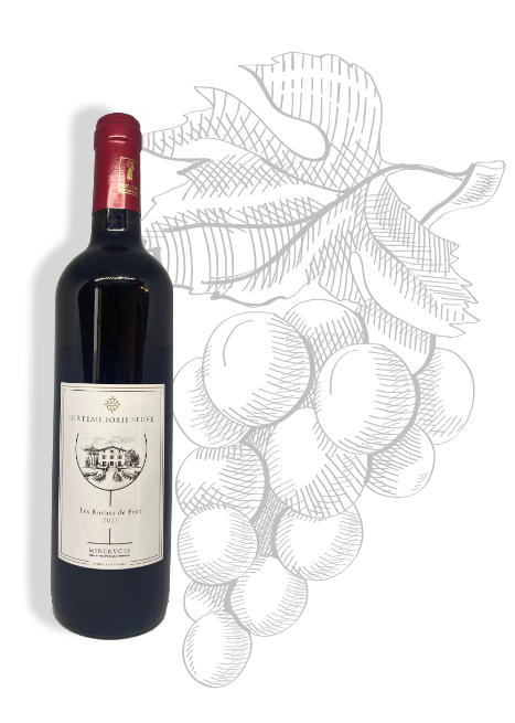 Roches de Prat, Minervois red wine of Château Borie Neuve. Grape varieties Carignan, Syrah, Grenache, Cinsault
