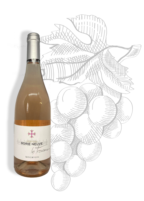 Les Terrasses DOP Languedoc rosado de Château Borie Neuve en Badens. Variedades de uva Cinsault, Garnacha